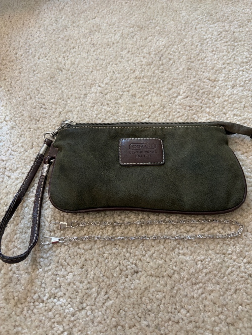 Coach LeatherWare Olive Green Suede Wristlet Clutch with Removable Chain